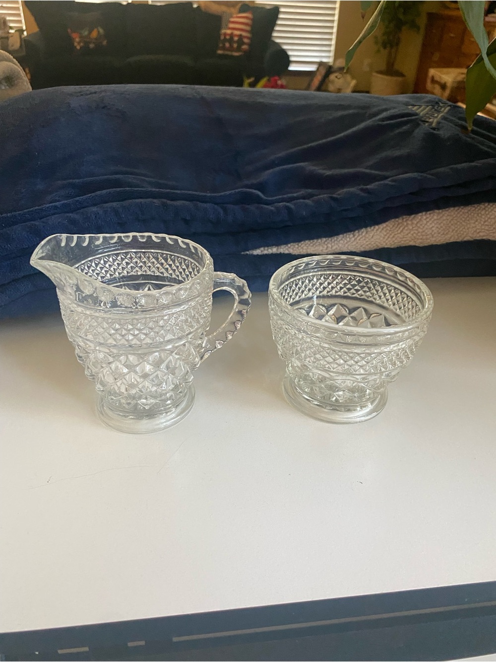 Clear Pressed Glass Creamer and Sugar Set - Classic Diamond Pattern